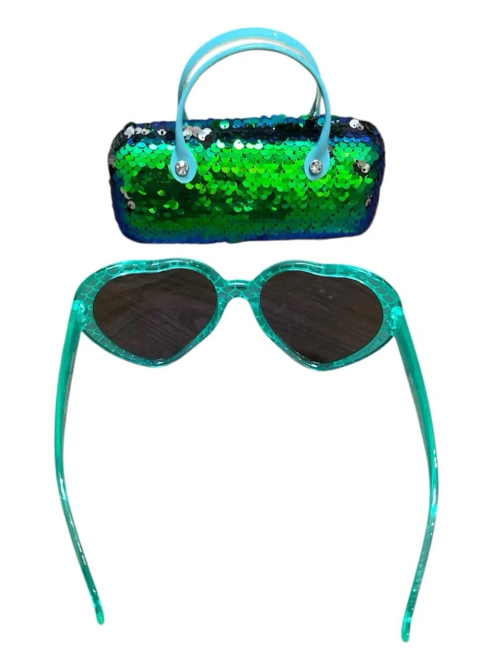 Limited Too Teal Mermaid Scale Sunglasses with Green Sequin Case EUC